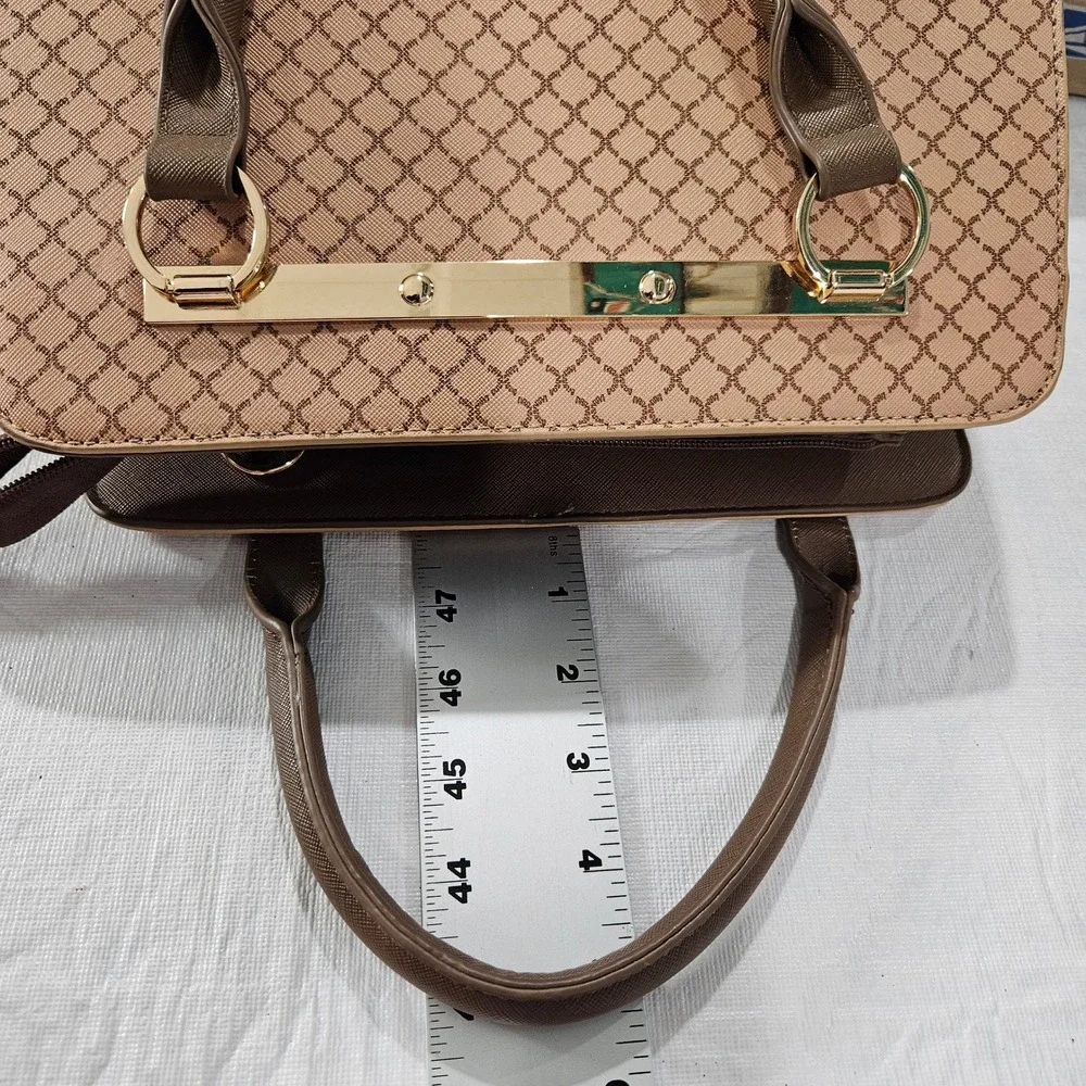 Crossi Brown Tan Geometric Lattice Satchel Double‎ Compartment Crossbody Bag